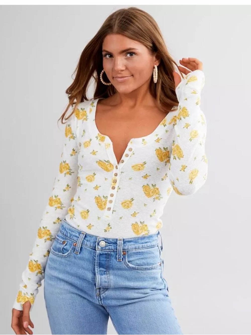 Free people White Long-Sleeve Henley body suit with Yellow Rose Print